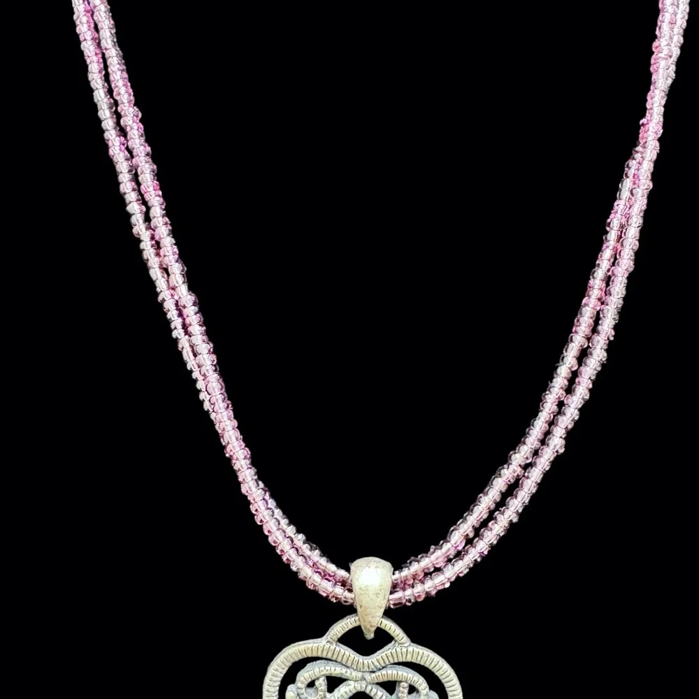 SILVER TONE 3 FILAGREE HEARTS W PURPLE CRYSTALS PENDANT ON PURPLE BEAD NECKLACE